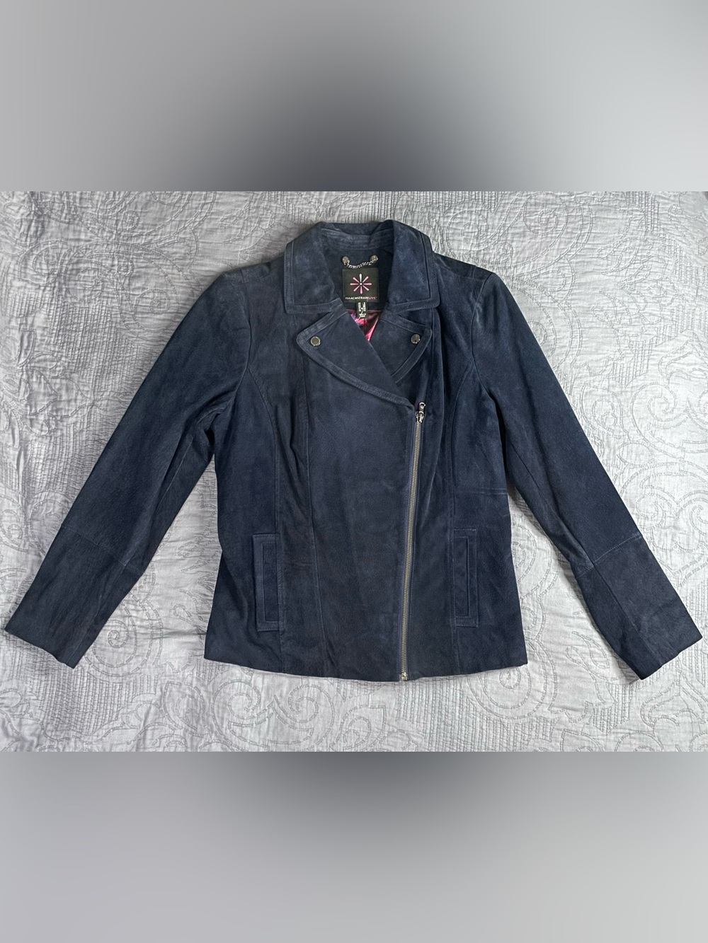 Isaac Mizrahi Live Navy Blue Leather Zip Front Moto Jacket Size 8 US 12 UK